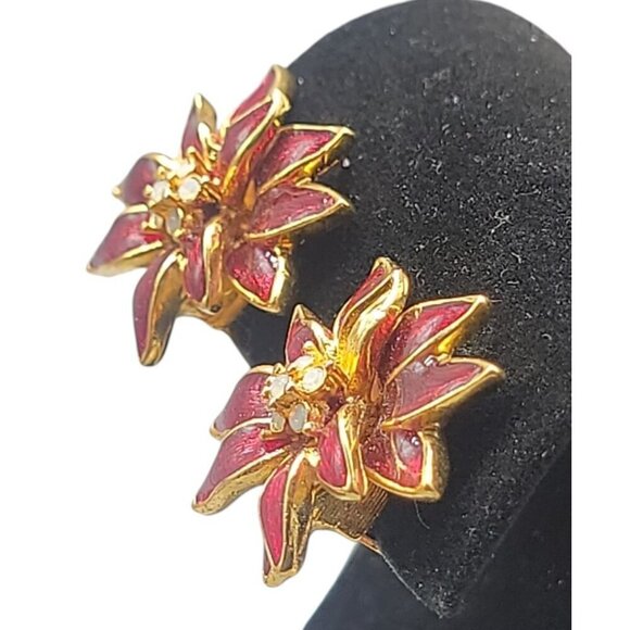 Nolan Miller Poinsettia Jewelry Set Red Enamel Gold Plated Brooch Clip On Earrin - Picture 15 of 16